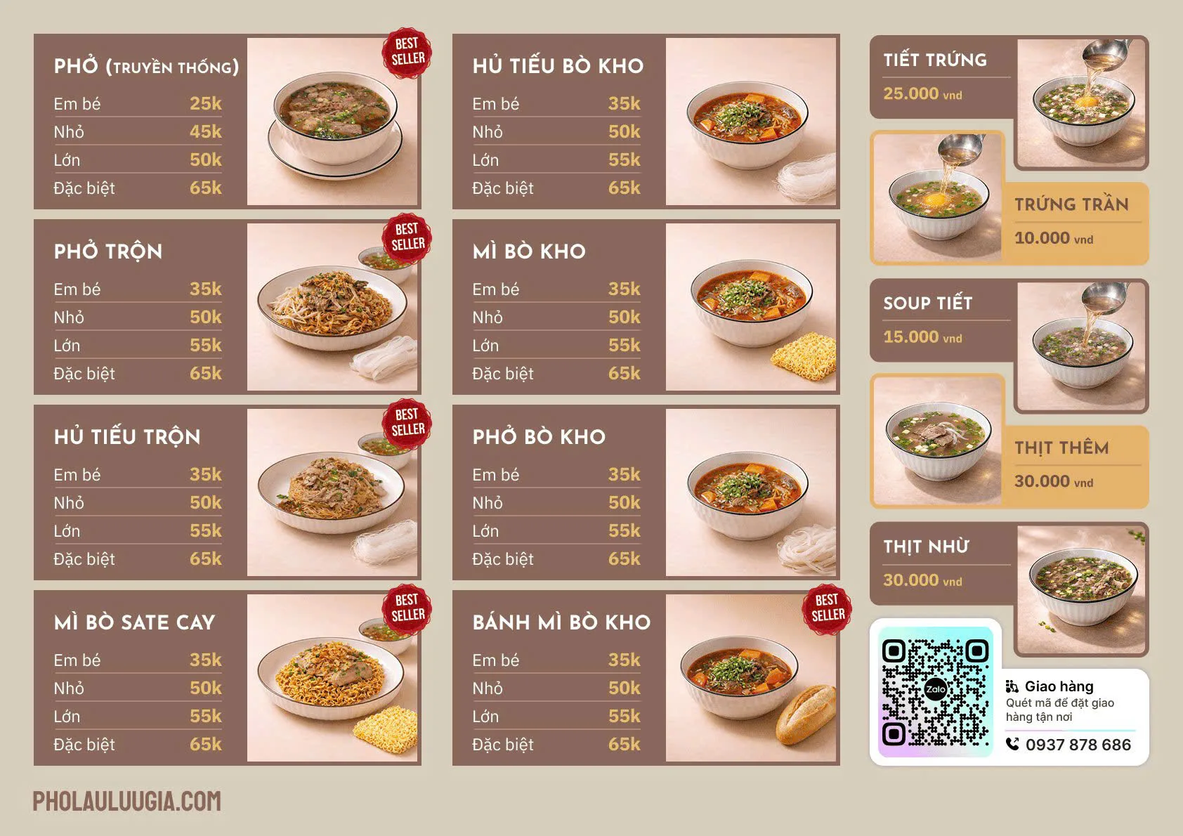 Menu các món nước tại phở lẩu lưu gia bảo lộc